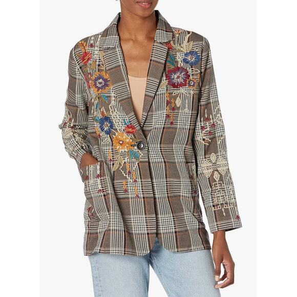 Johnny Was Olivia Embroidered Brown Plaid Floral Blazer Jacket size S - Picture 8 of 8